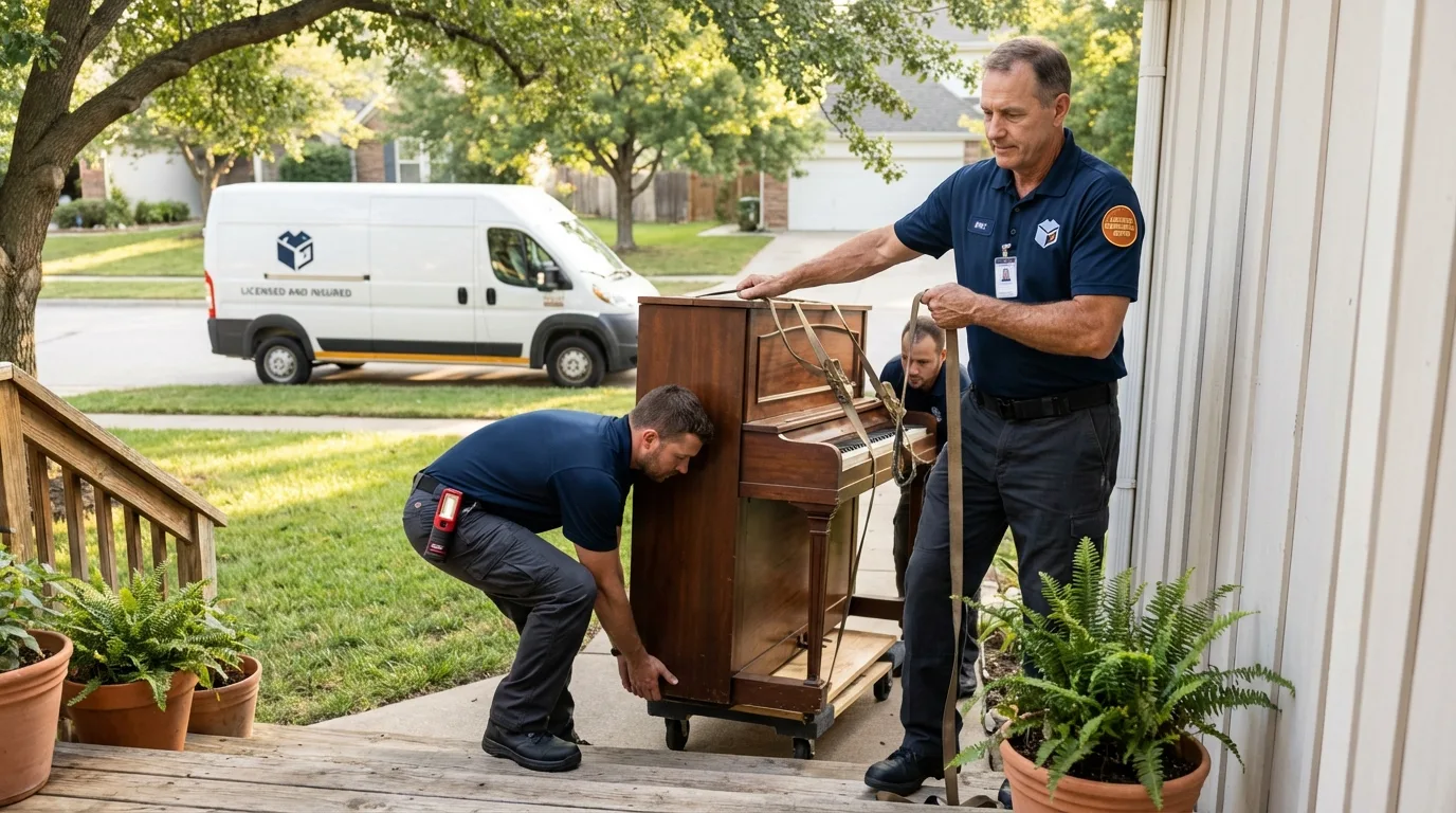 Licensed piano movers securing grand piano in Fowler, MI