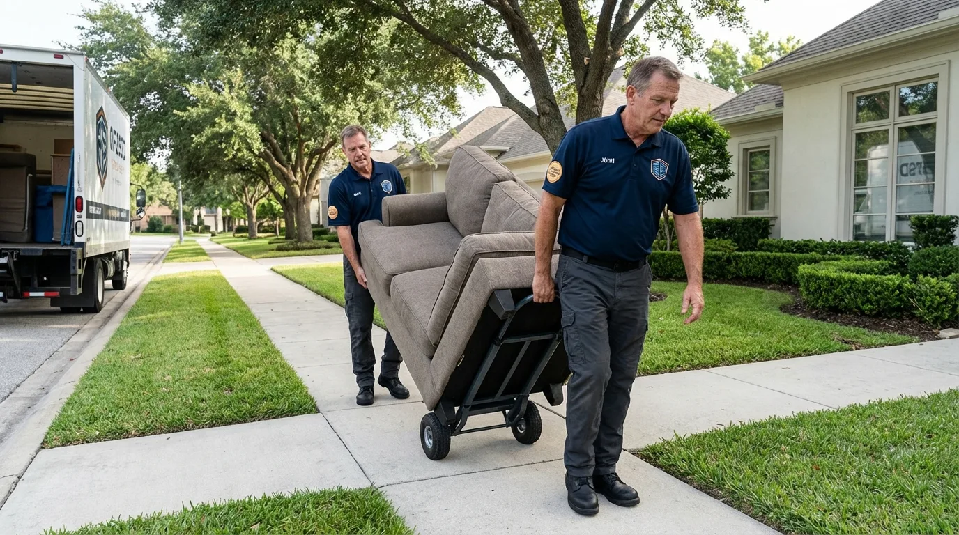 Local residential moving crew loading furniture in Fowler, MI