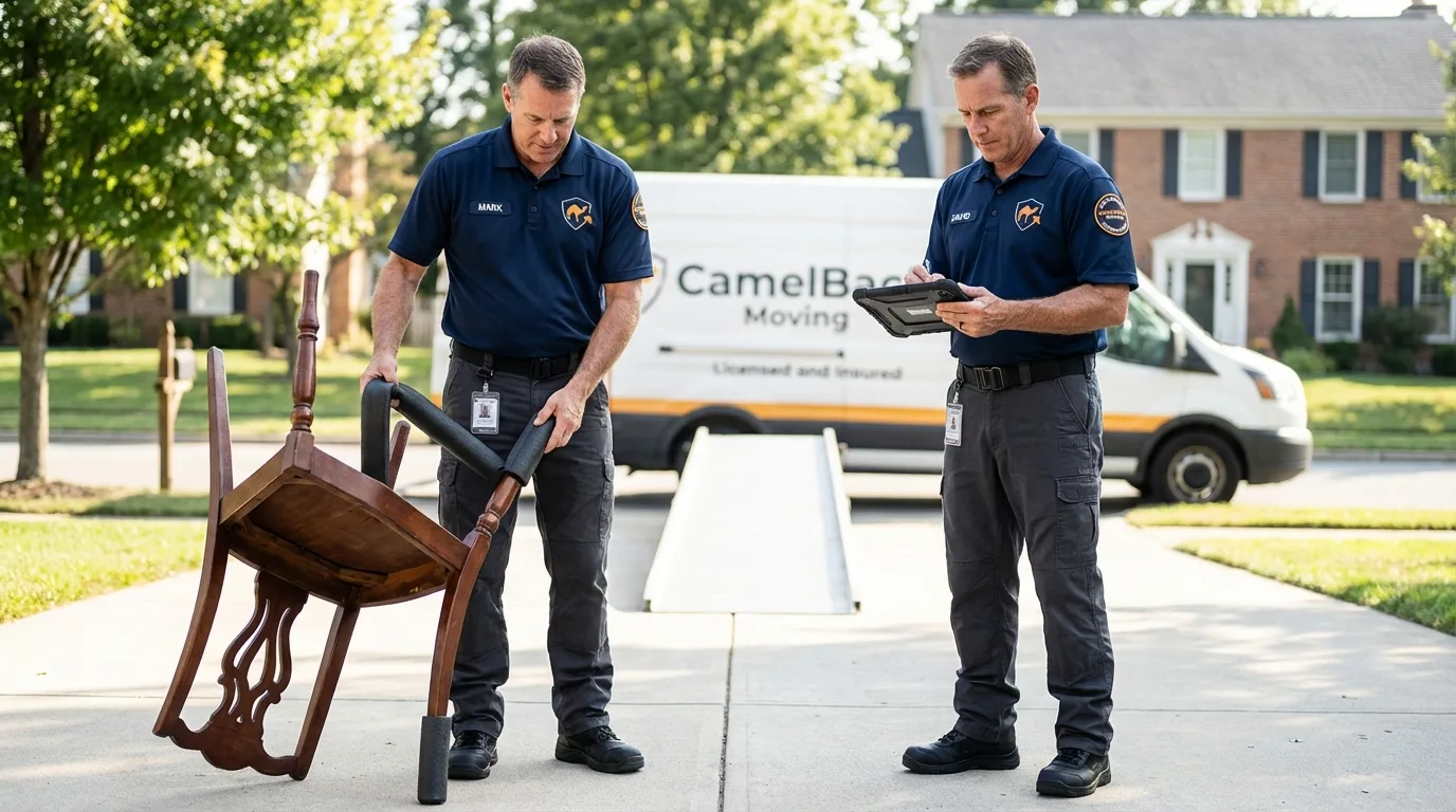 Movers inspecting furniture for damage prevention before loading in Fowler, MI