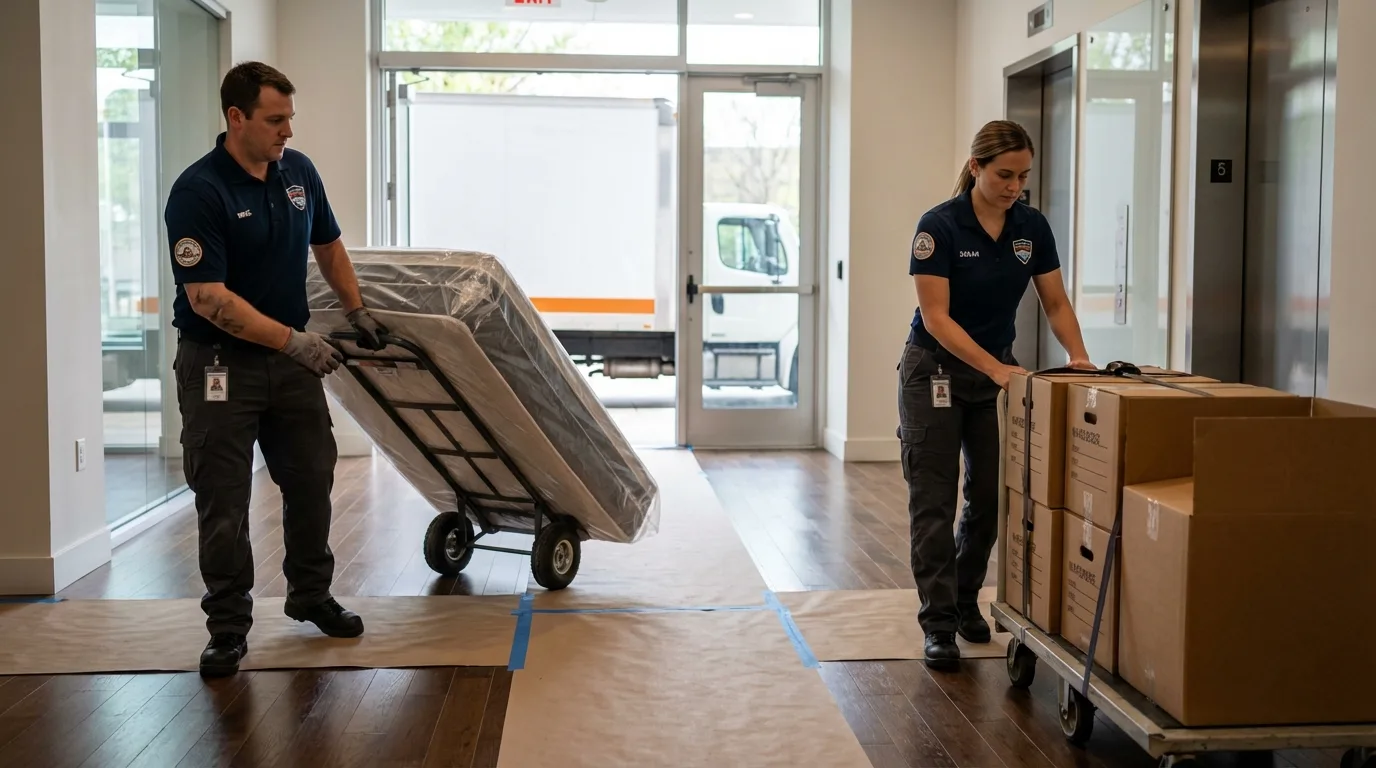 Professional apartment movers loading elevator in Fowler, MI
