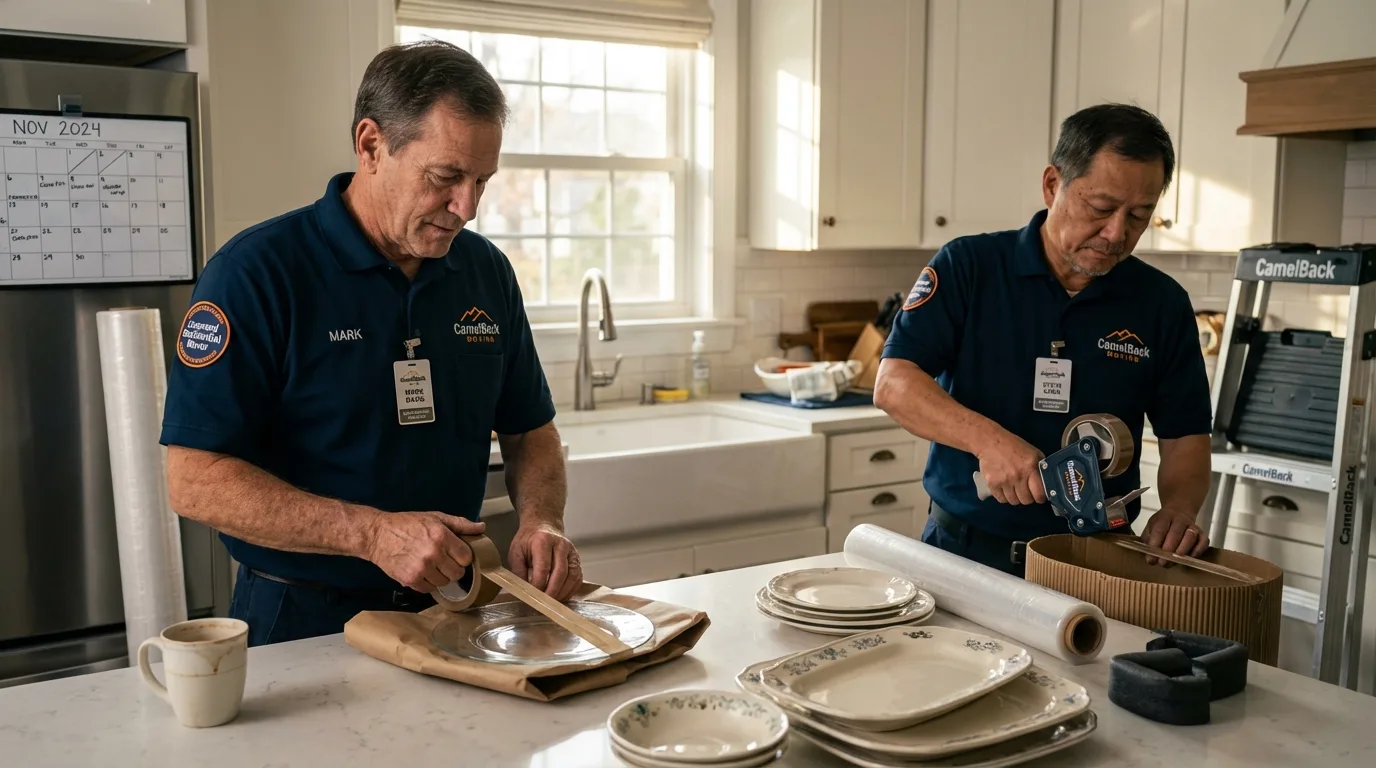Professional crew packing kitchen dishware in Fowler, MI